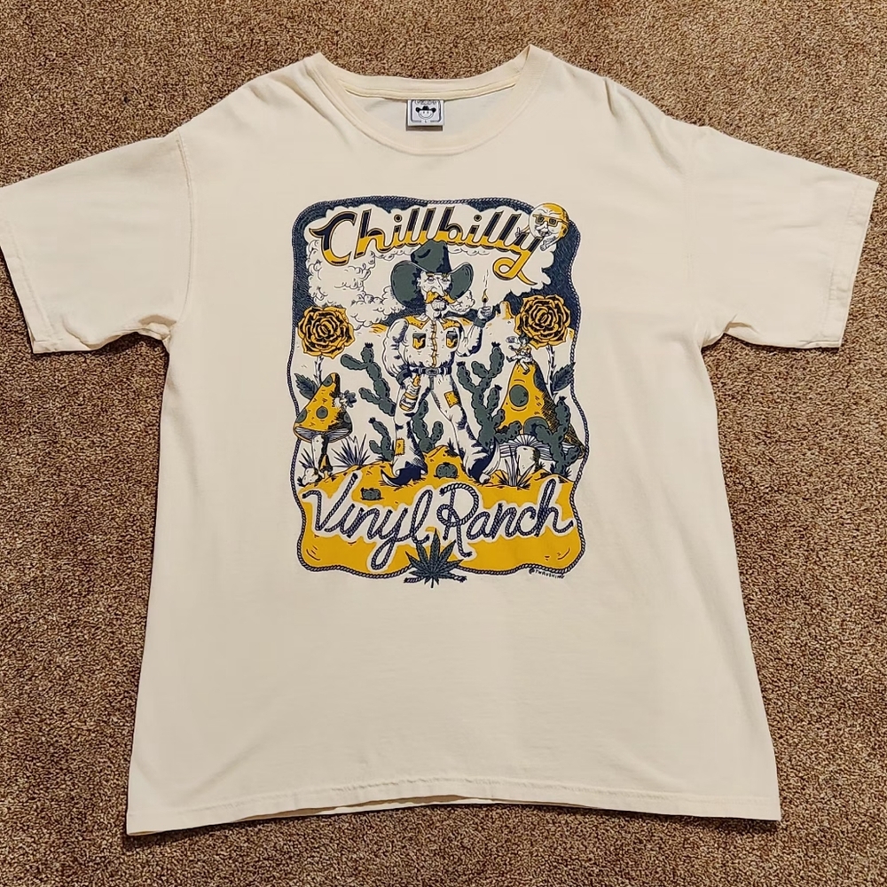 Mens Vinyl Ranch "Chill Billy" Cowboy Western Retro THC Cream Color TShirt Large
